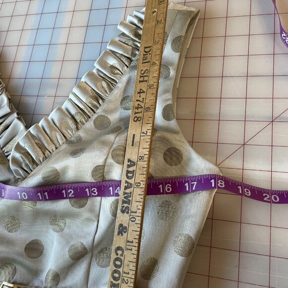 Eliza J Dress Size 8 Cream Gold Polka Dots Sheath Ruffle Neckline Party Cocktail - Picture 9 of 11